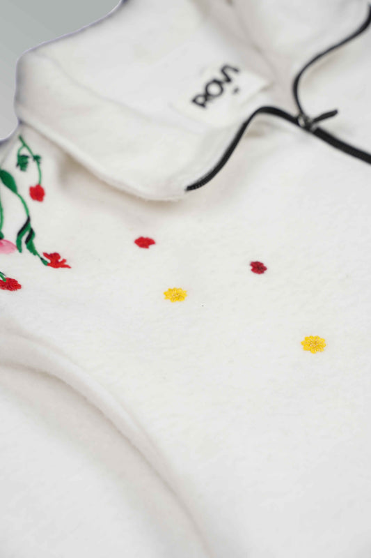 Hand Embroidered White Fleece Jacket